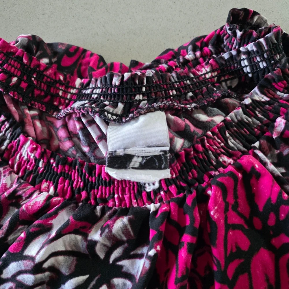 Worthington Stretch‎ Pink Abstract Floral Smocked Blouse XL Off Shoulder Top